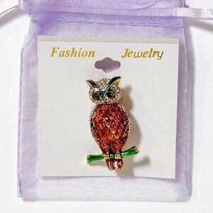 Crystal and Enamel Owl Pin